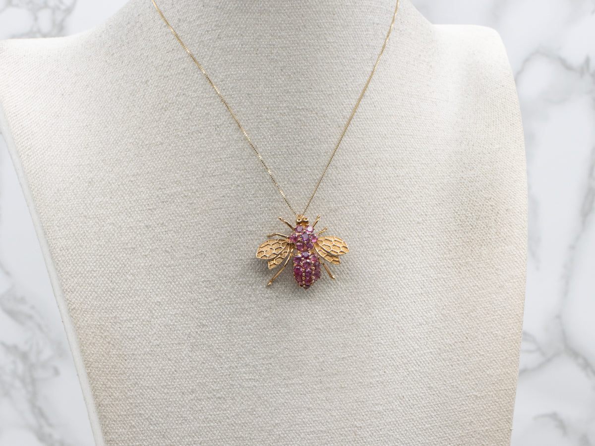 Ruby Cluster Yellow Gold Honeycomb Bumble-Bee Pin or Pendant