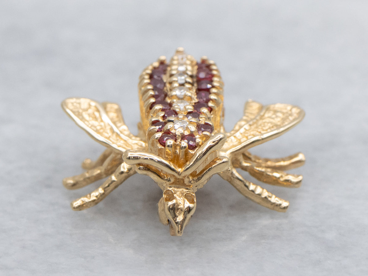Ruby and Diamond Yellow Gold Detailed Bug Pin