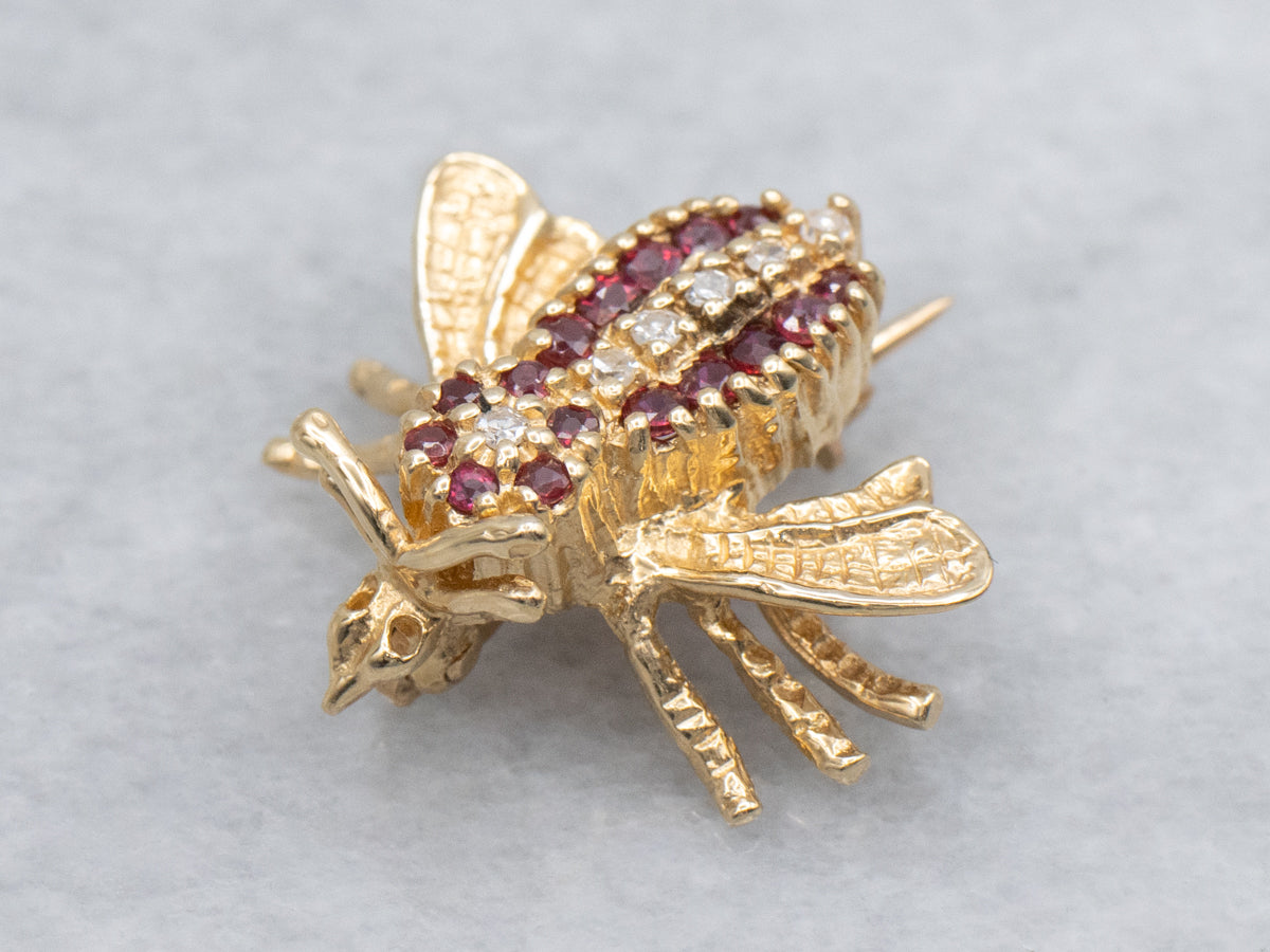 Ruby and Diamond Yellow Gold Detailed Bug Pin