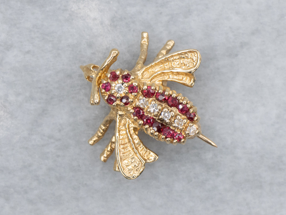 Ruby and Diamond Yellow Gold Detailed Bug Pin