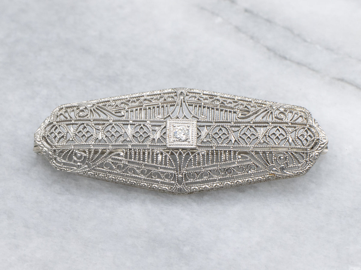 Antique White Gold Diamond Filigree 1920s Brooch