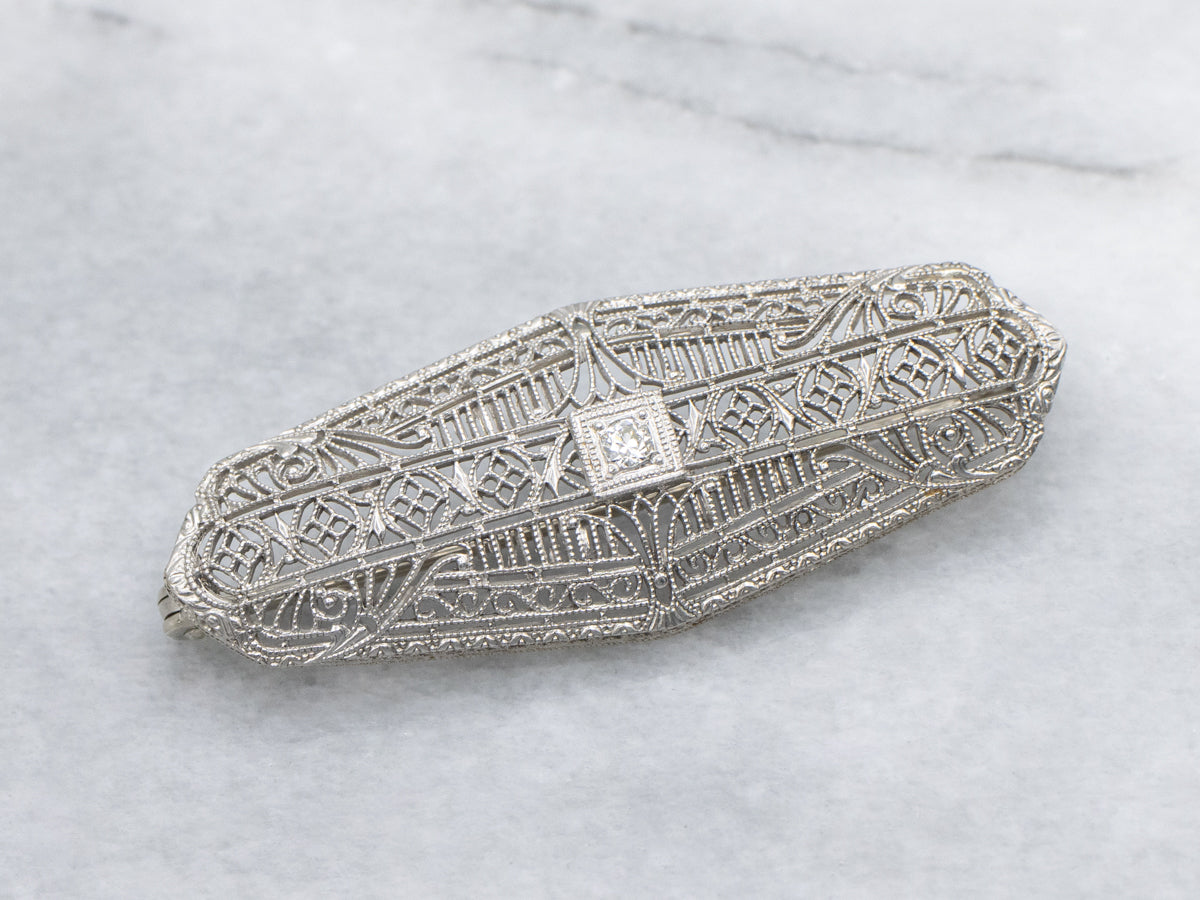 Antique White Gold Diamond Filigree 1920s Brooch