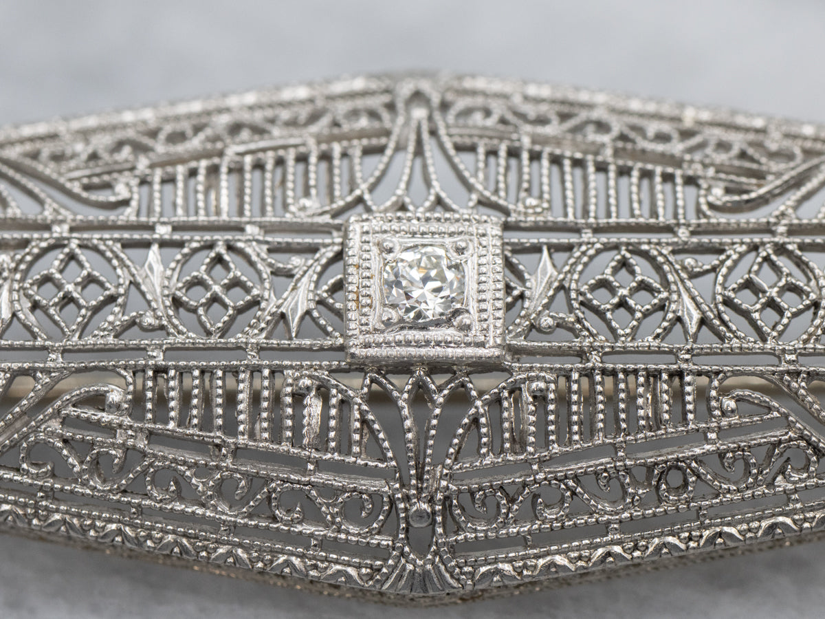 Antique White Gold Diamond Filigree 1920s Brooch