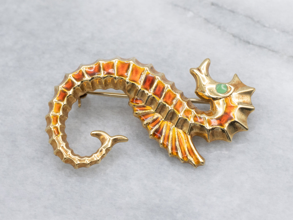 Italian 18-Karat Gold and Colorful Enamel Seahorse Brooch
