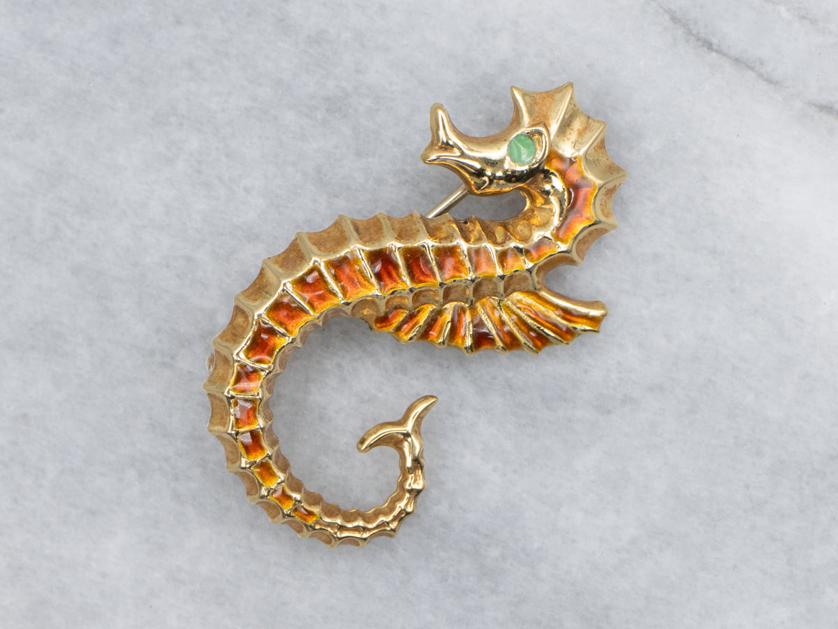 Italian 18-Karat Gold and Colorful Enamel Seahorse Brooch