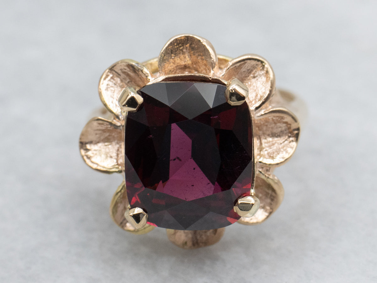 Vintage Gold Flower Petal Garnet Ring