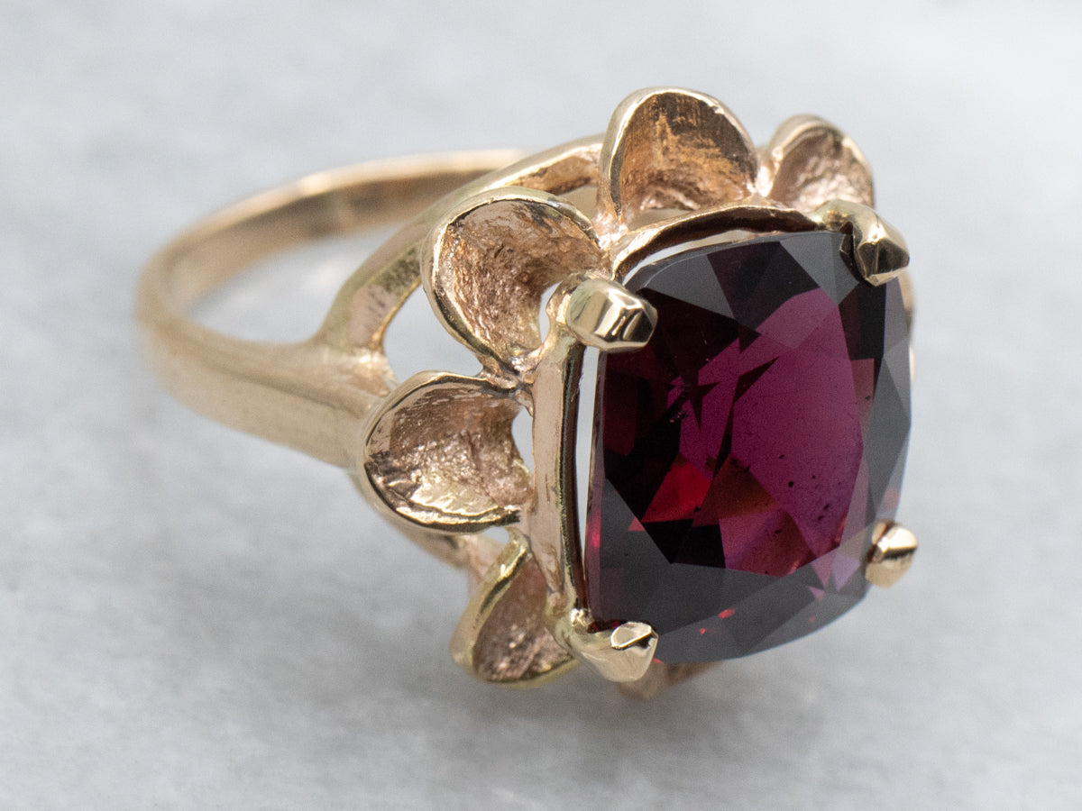 Vintage Gold Flower Petal Garnet Ring