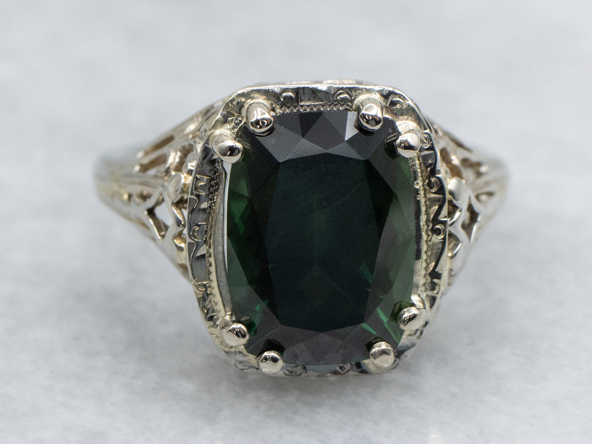 1920s Cushion-Cut Green Sapphire Gold Filigree Ring