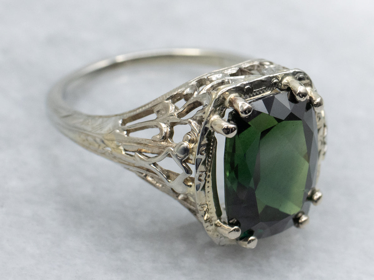 1920s Cushion-Cut Green Sapphire Gold Filigree Ring