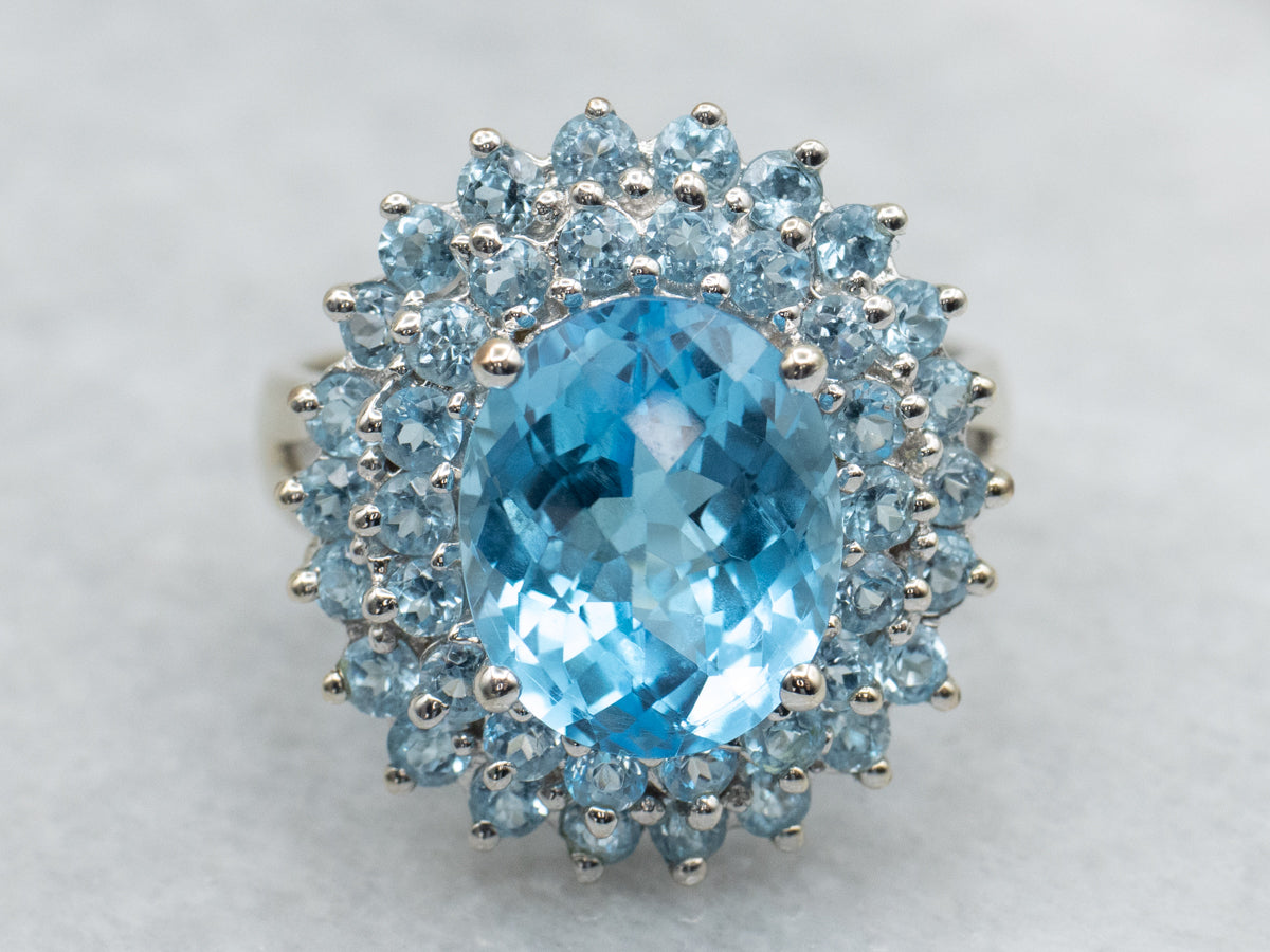 Modern Blue Topaz Double Halo White Gold Cocktail Ring