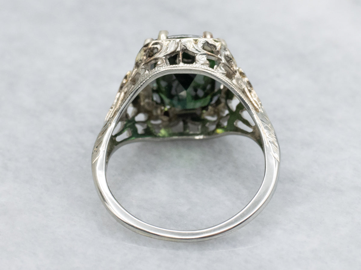 1920s Cushion-Cut Green Sapphire Gold Filigree Ring
