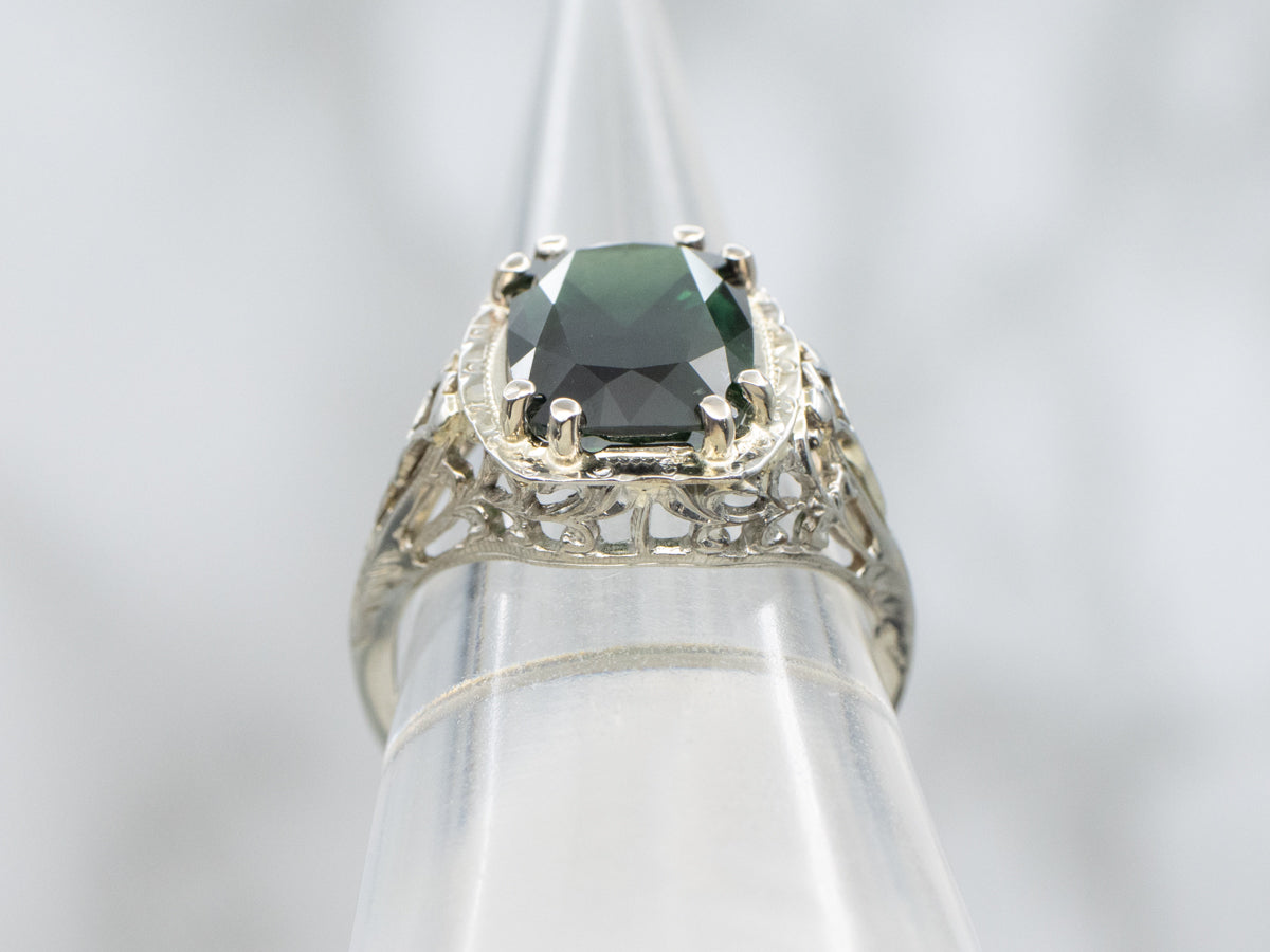 1920s Cushion-Cut Green Sapphire Gold Filigree Ring