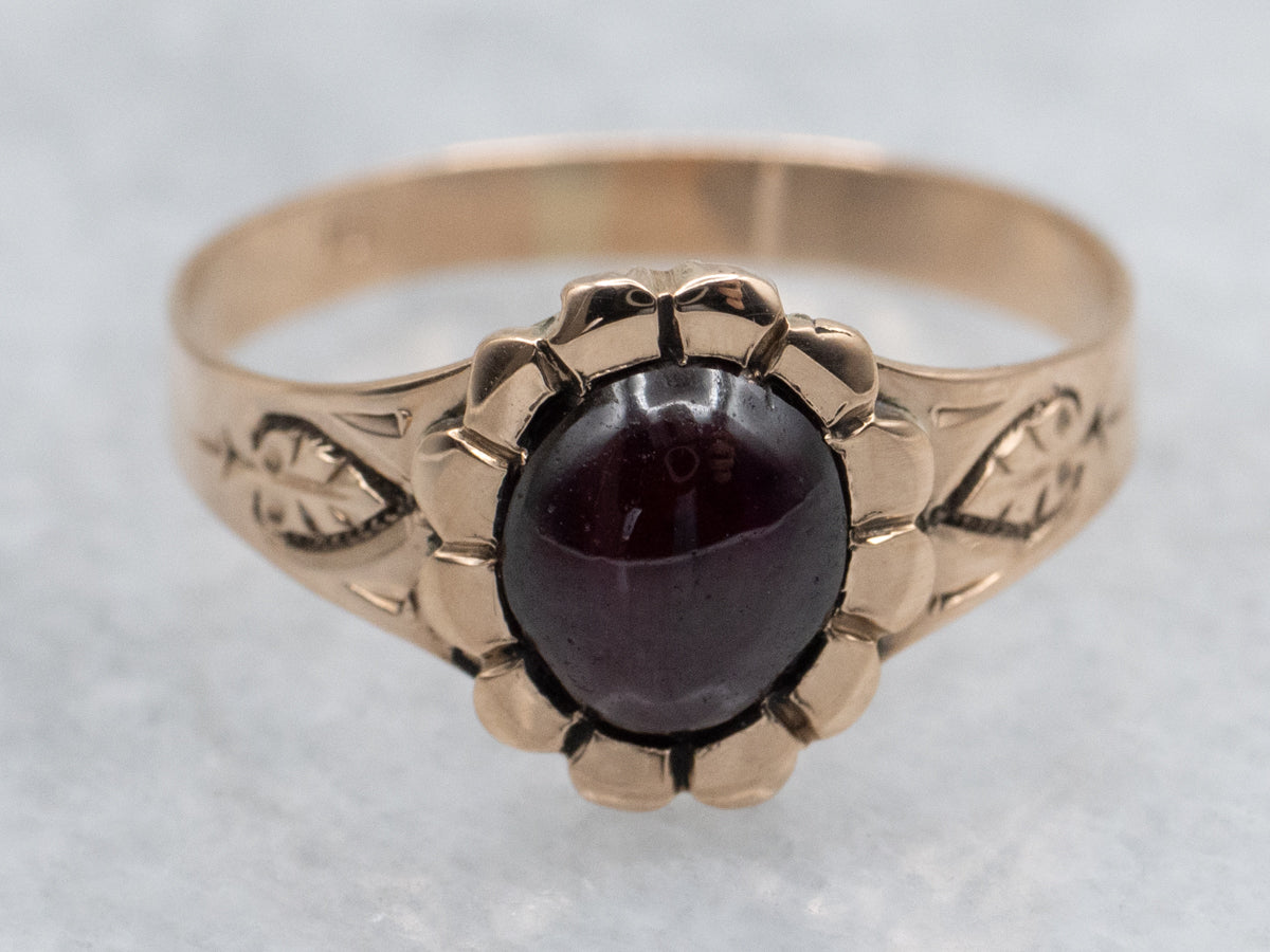 Victorian Rose Gold Sweet Floral Garnet Cabochon Ring