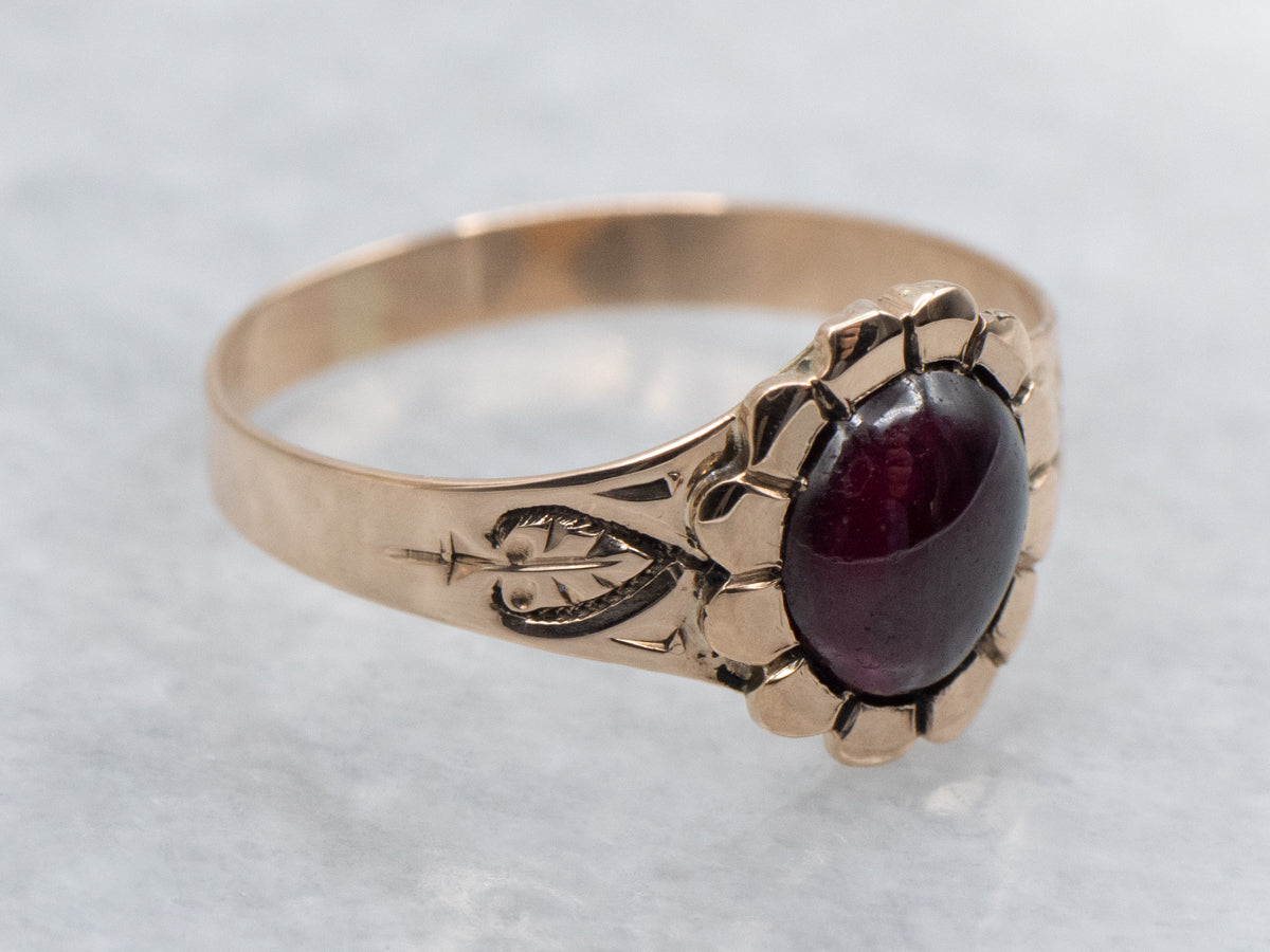 Victorian Rose Gold Sweet Floral Garnet Cabochon Ring