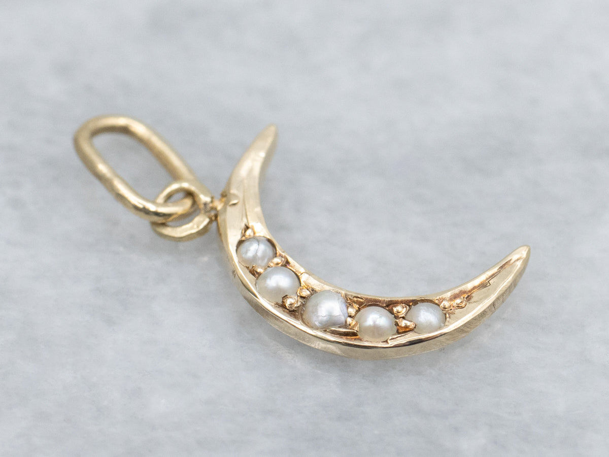 Antique Seed Pearl Stickpin Conversion Crescent Moon Charm Pendant