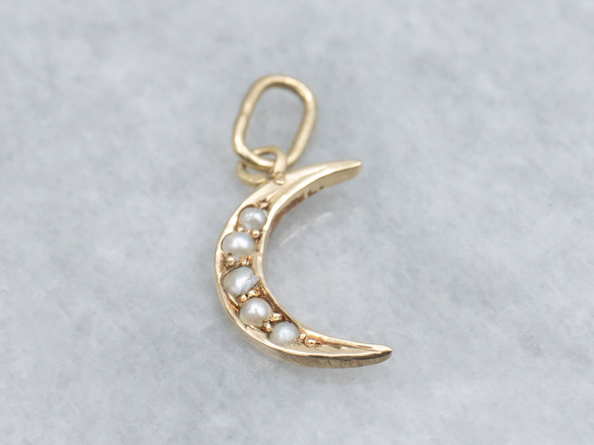 Antique Seed Pearl Stickpin Conversion Crescent Moon Charm Pendant
