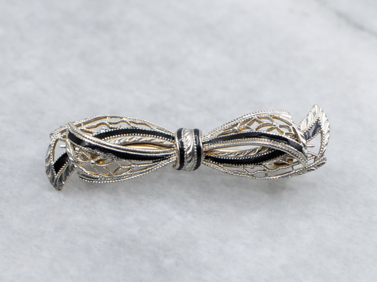 Antique Black Enamel Filigree Bow Pin