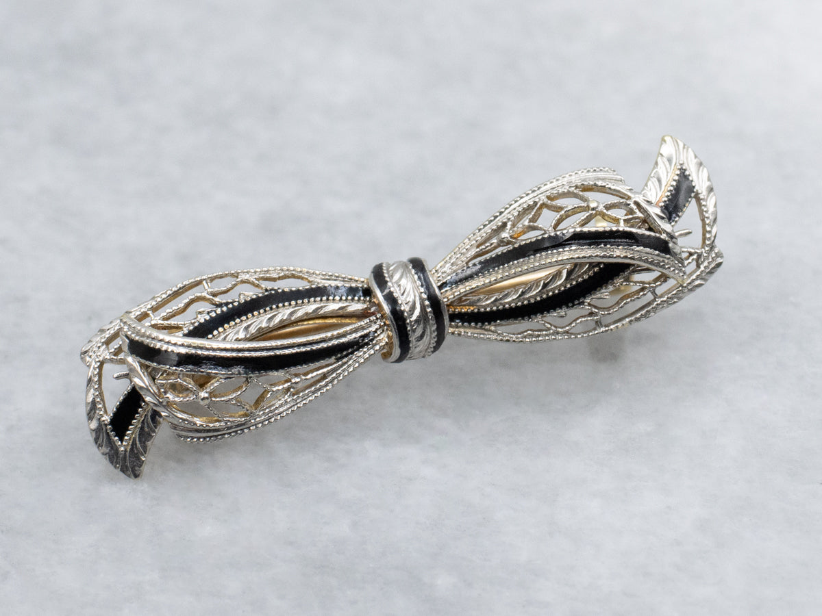 Antique Black Enamel Filigree Bow Pin