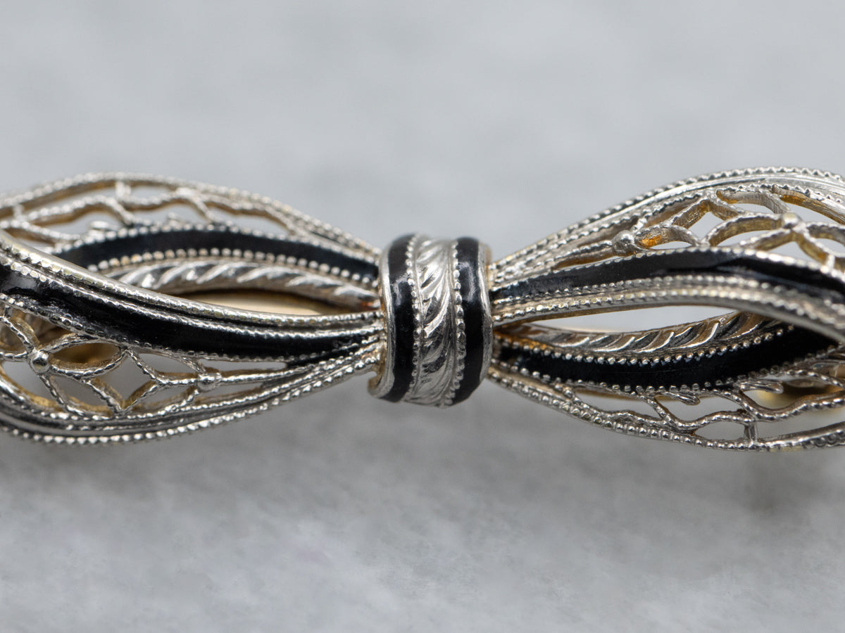 Antique Black Enamel Filigree Bow Pin