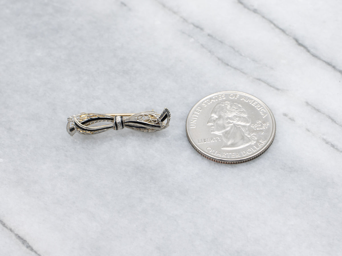 Antique Black Enamel Filigree Bow Pin