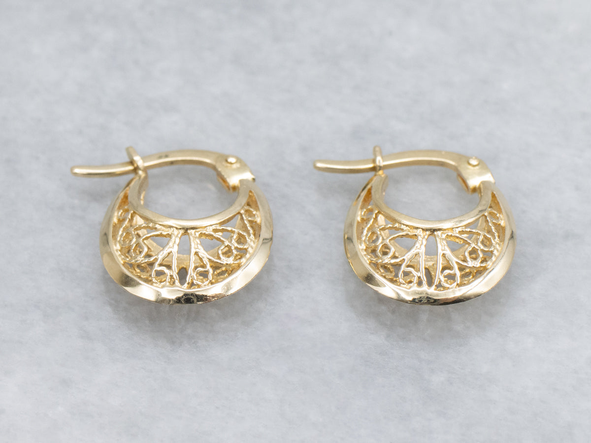 Yellow Gold Filigree Hoop Earrings