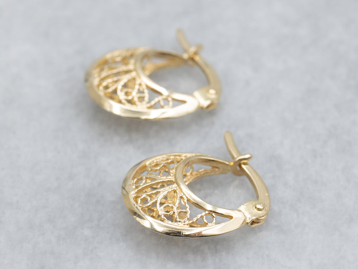 Yellow Gold Filigree Hoop Earrings