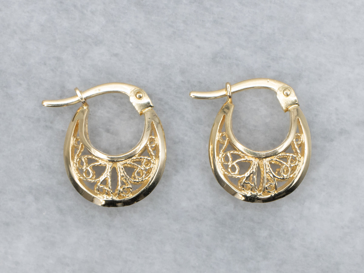 Yellow Gold Filigree Hoop Earrings