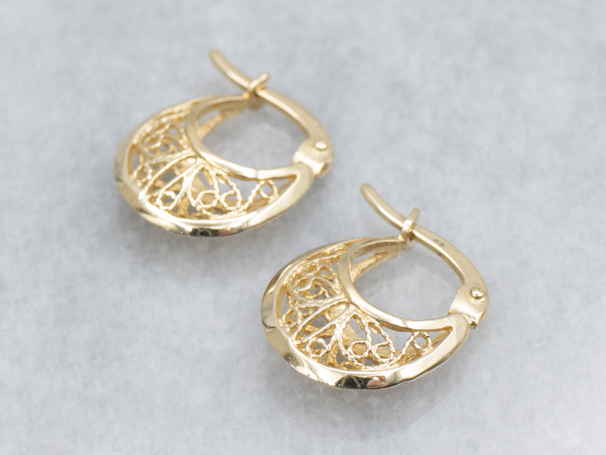 Yellow Gold Filigree Hoop Earrings