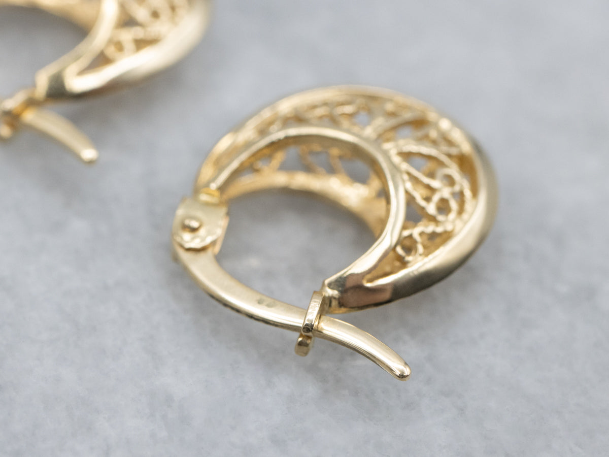 Yellow Gold Filigree Hoop Earrings