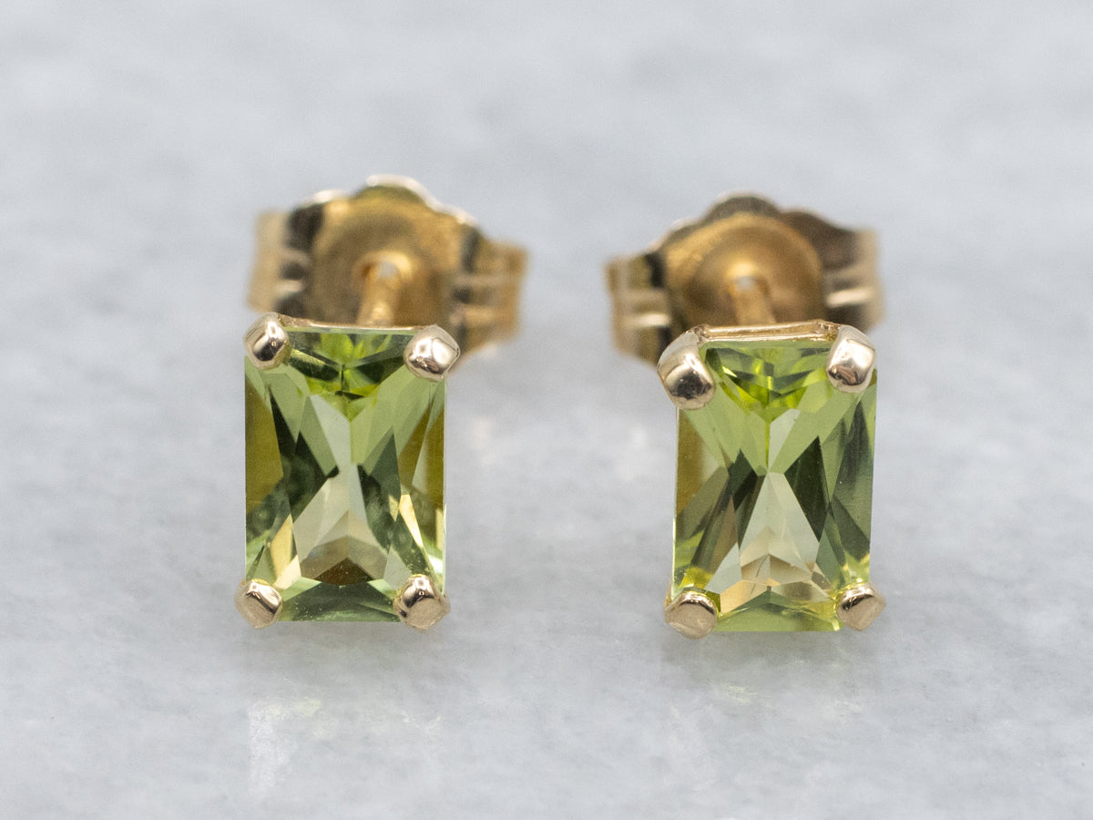 Emerald-Cut Peridot Yellow Gold Stud Earrings