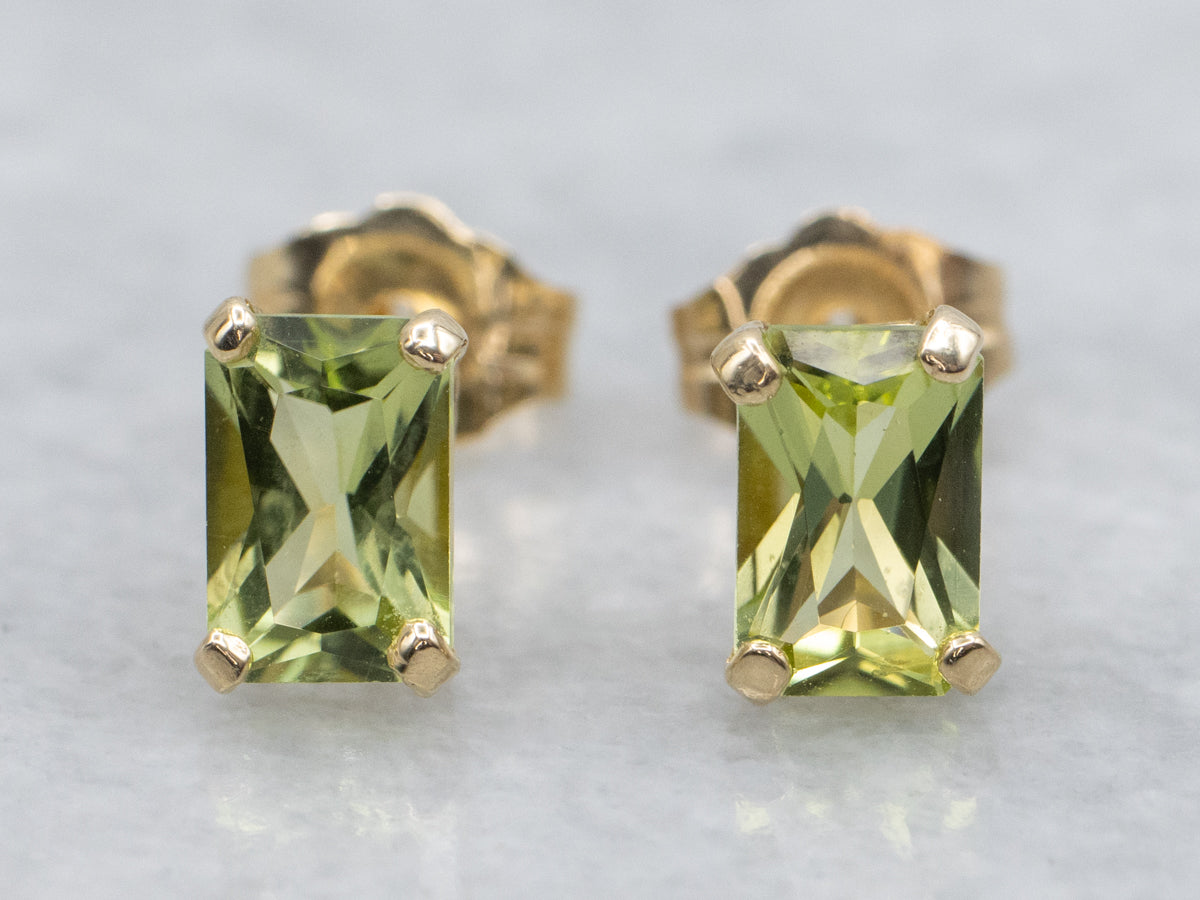 Emerald-Cut Peridot Yellow Gold Stud Earrings