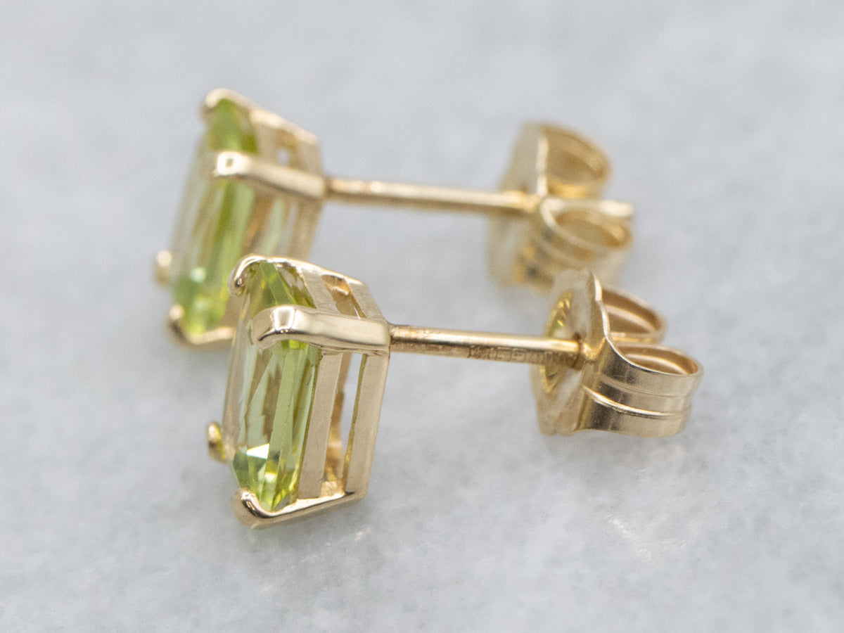 Emerald-Cut Peridot Yellow Gold Stud Earrings