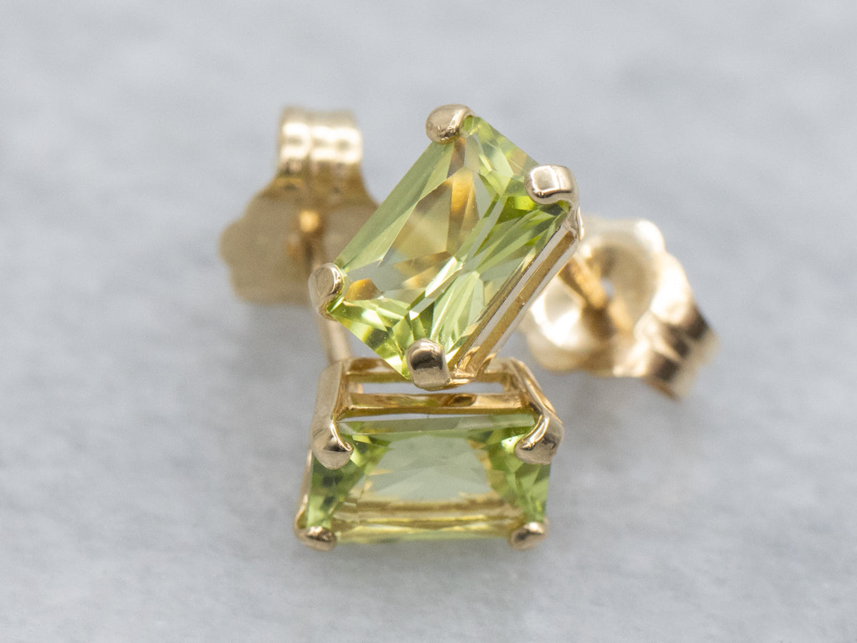 Emerald-Cut Peridot Yellow Gold Stud Earrings