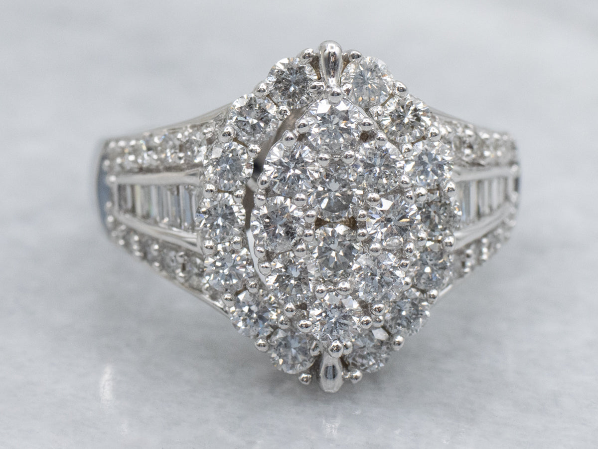 Round and Baguette Cut Diamond Cluster Cocktail Ring