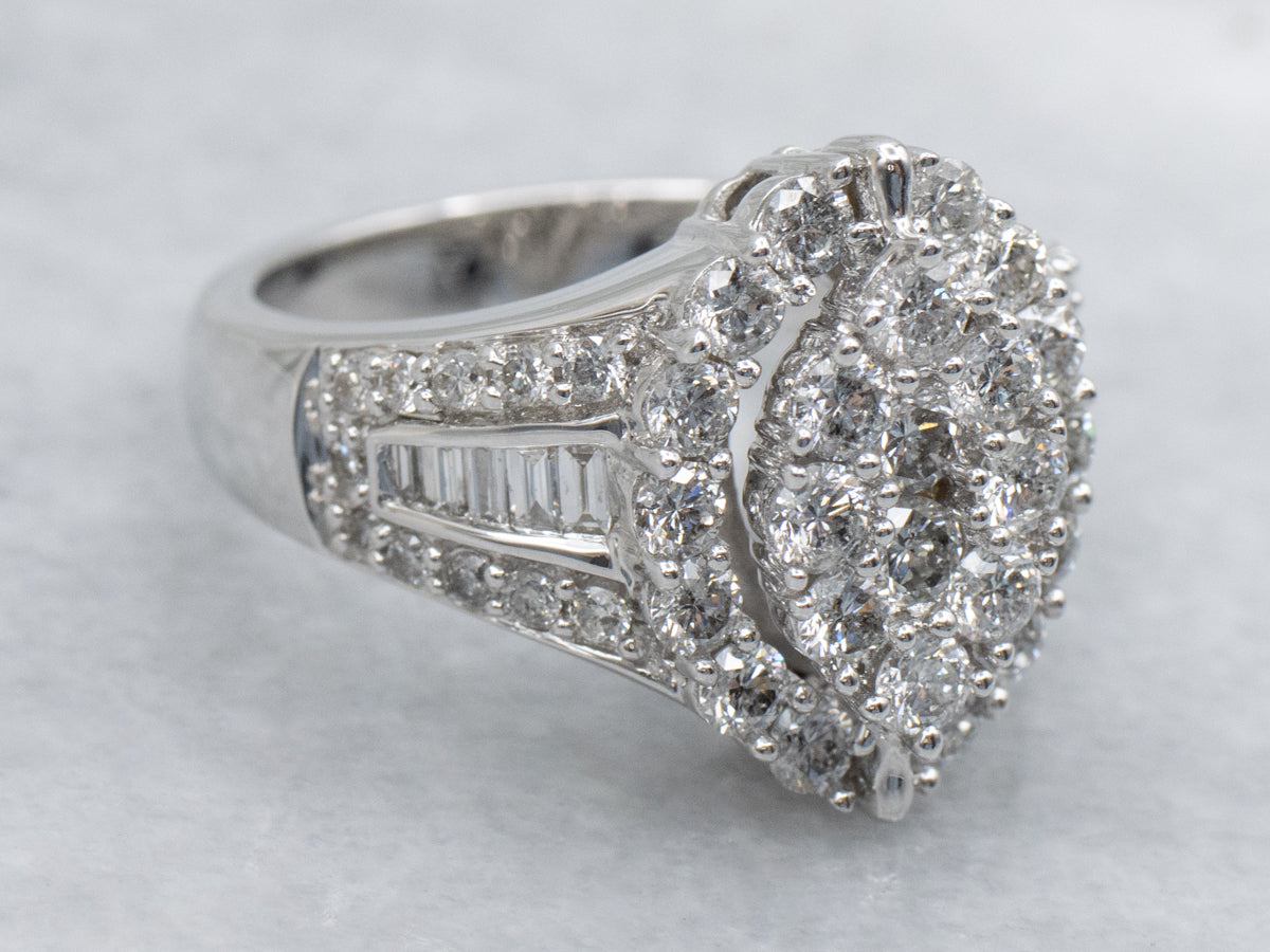 Round and Baguette Cut Diamond Cluster Cocktail Ring