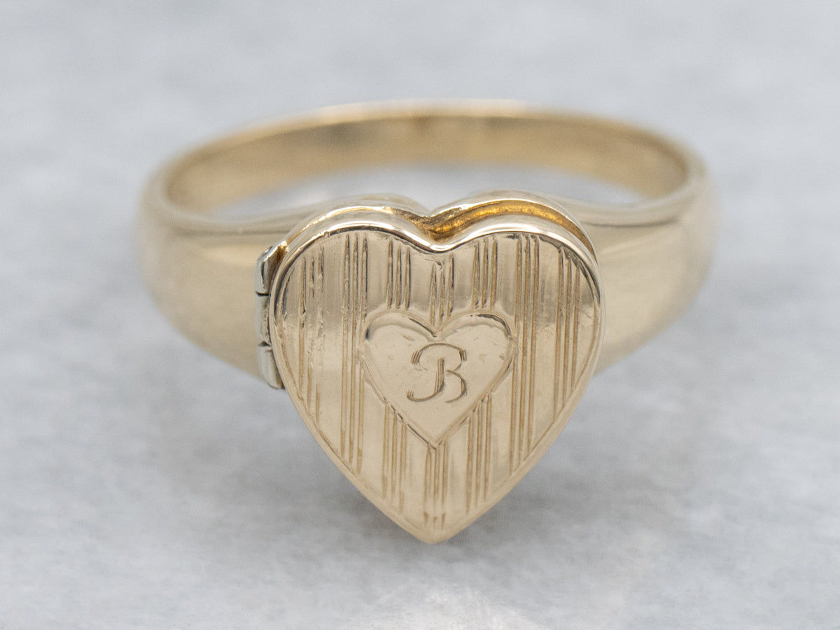 Vintage Retro-Era Engraved Initial "B" Heart Locket Signet Ring
