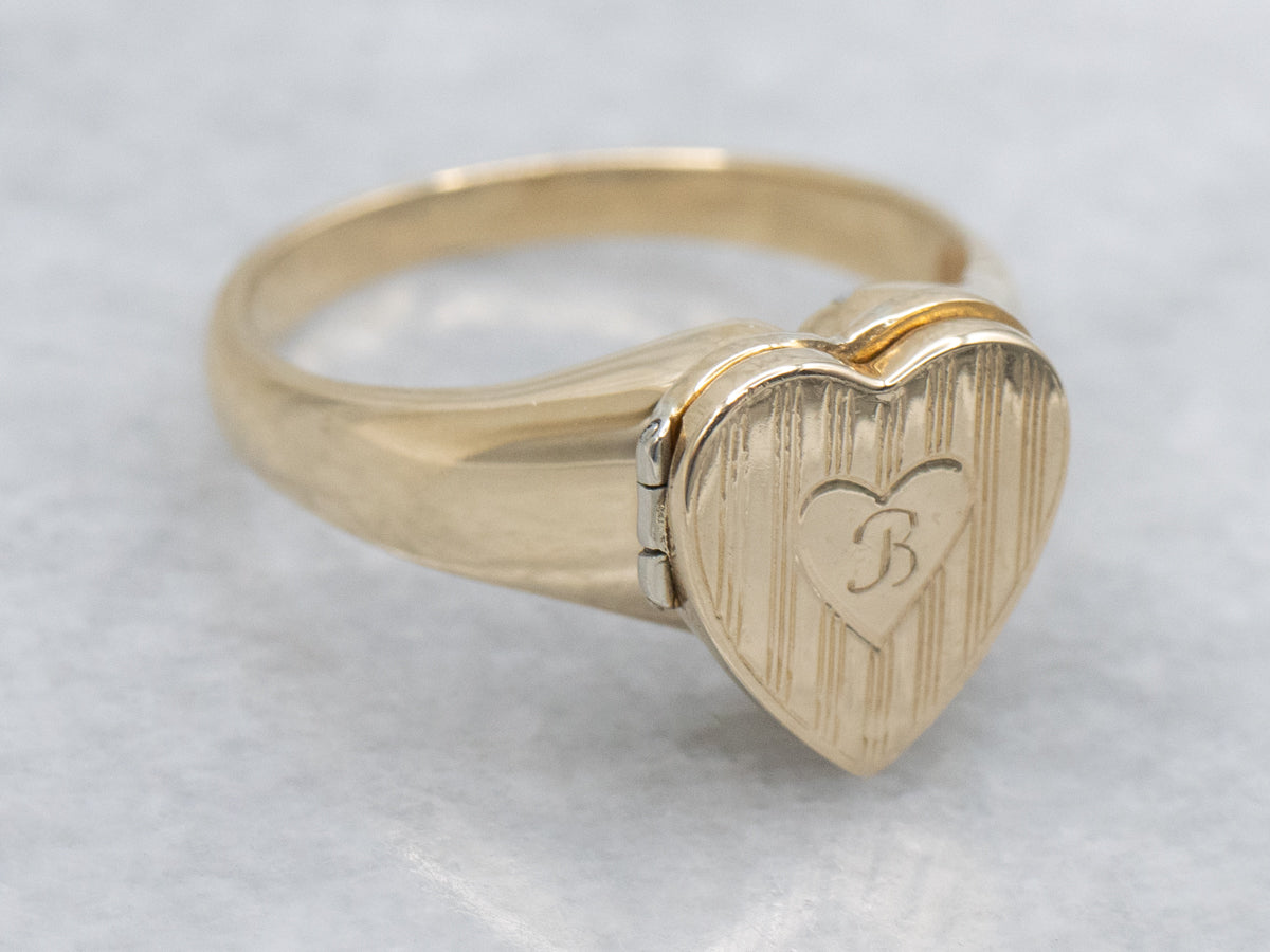Vintage Retro-Era Engraved Initial "B" Heart Locket Signet Ring
