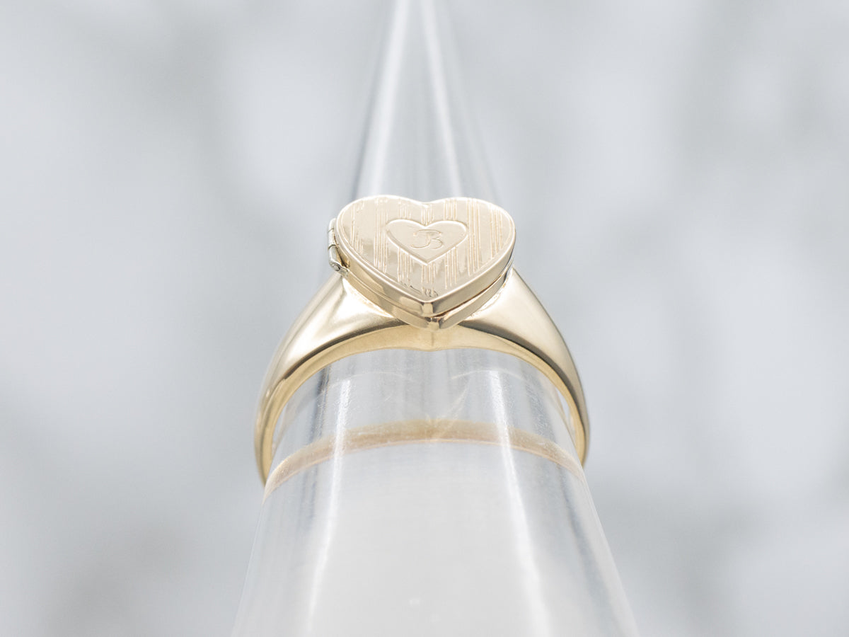 Vintage Retro-Era Engraved Initial "B" Heart Locket Signet Ring
