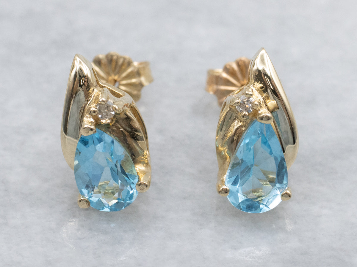 Blue Topaz and Diamond Yellow Gold Stud Earrings