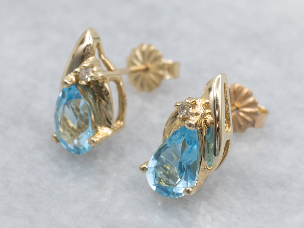 Blue Topaz and Diamond Yellow Gold Stud Earrings