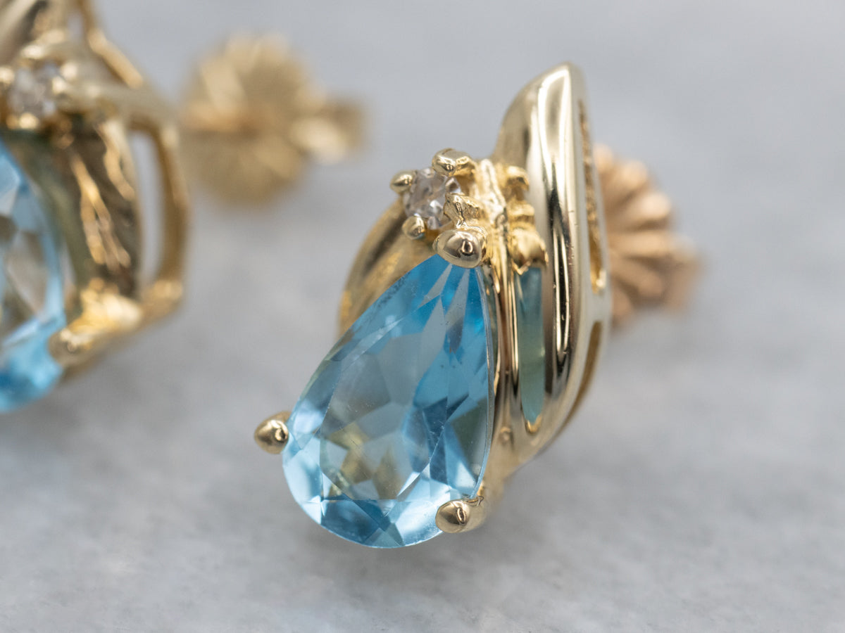 Blue Topaz and Diamond Yellow Gold Stud Earrings