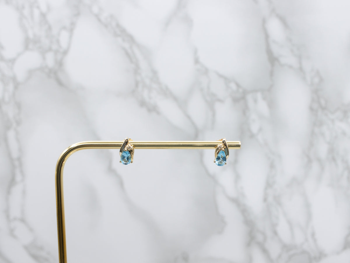 Blue Topaz and Diamond Yellow Gold Stud Earrings