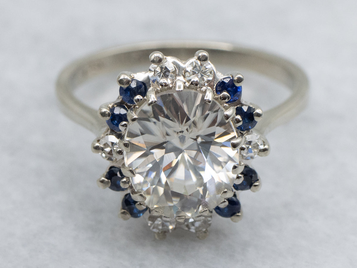 Sparkling White Zircon Diamond and Sapphire Halo Ring