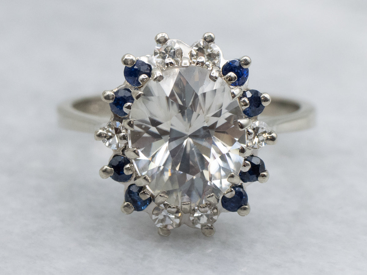 Sparkling White Zircon Diamond and Sapphire Halo Ring