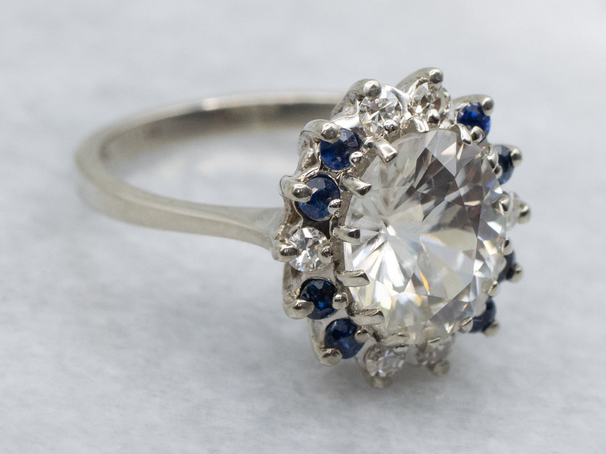 Sparkling White Zircon Diamond and Sapphire Halo Ring