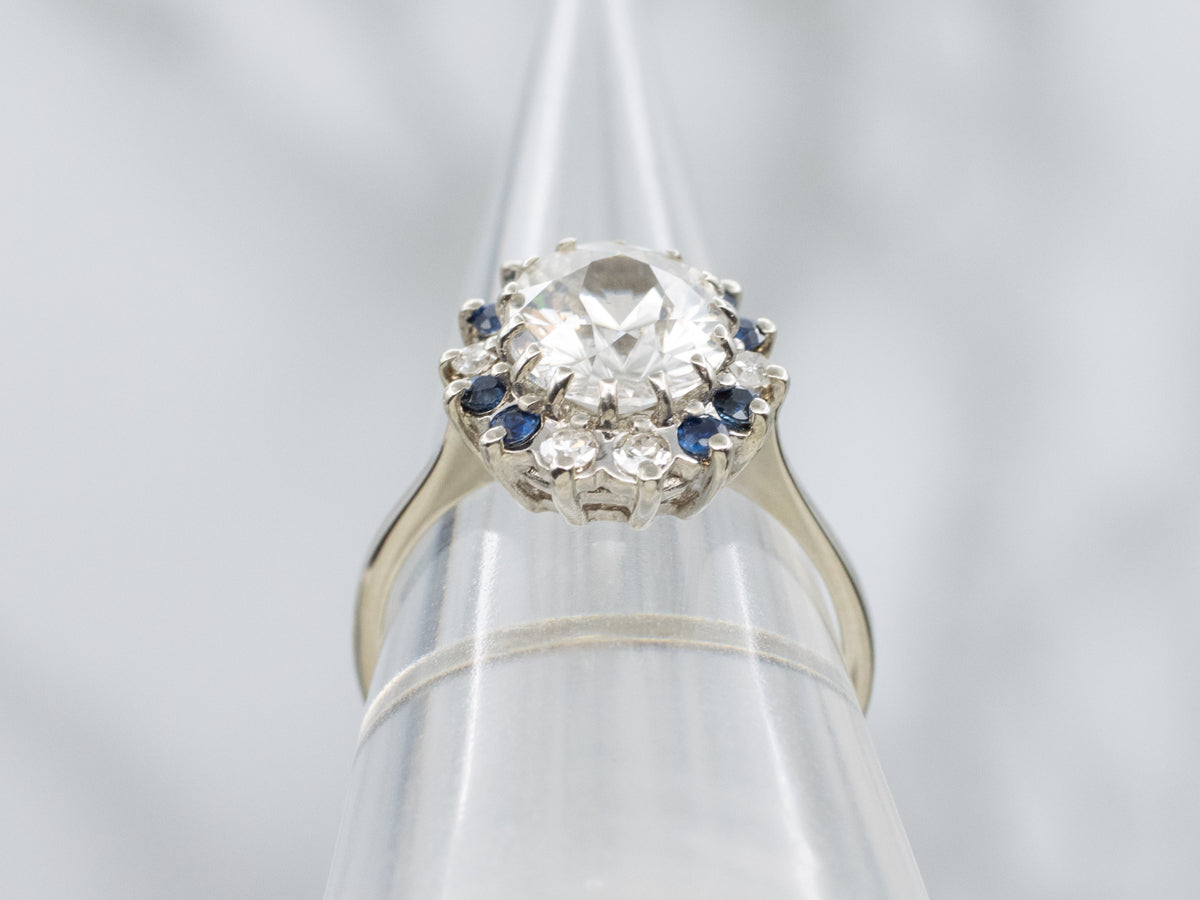 Sparkling White Zircon Diamond and Sapphire Halo Ring