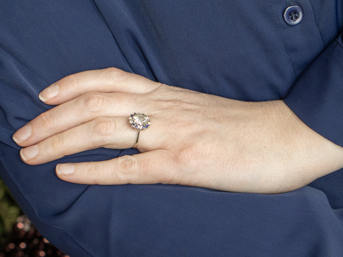 Sparkling White Zircon Diamond and Sapphire Halo Ring