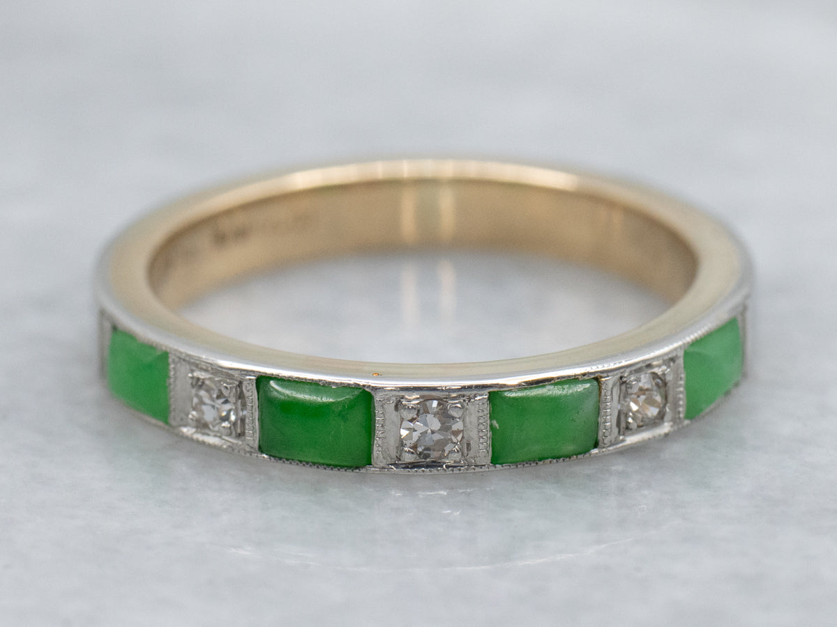 Jadeite and Diamond Yellow Gold Band with Platinum Top