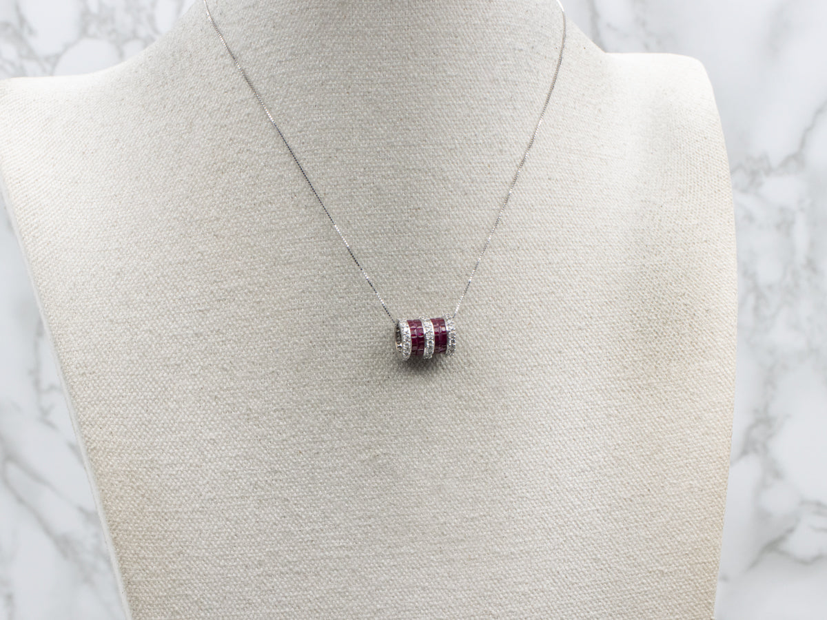 Double Row Ruby and Diamond Gold Slide Pendant