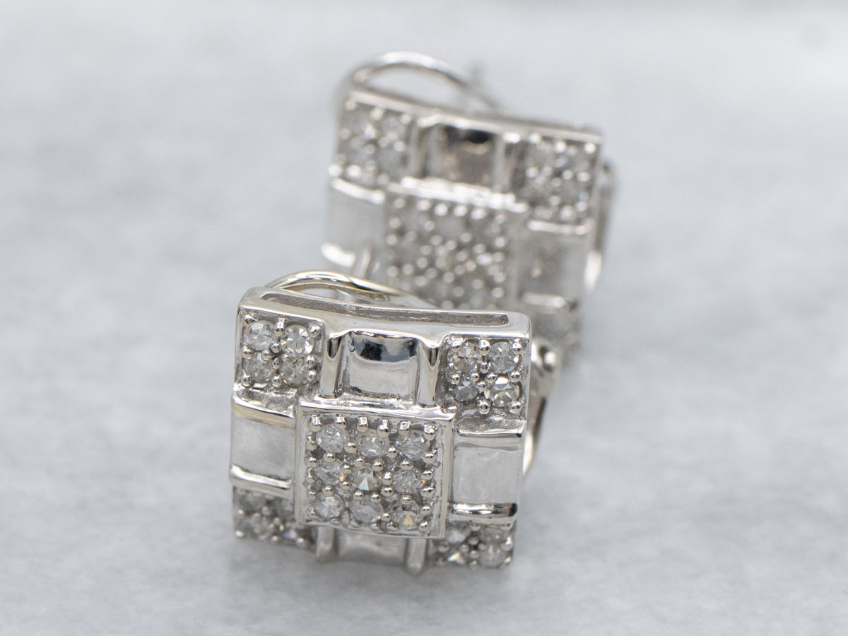 Brilliant Diamond Polished Gold Squared Cluster Stud Earrings